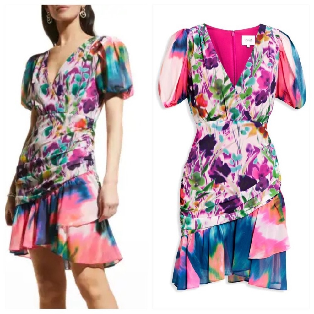 NWT One 33 Social Ruched Floral-Print Flounce Mini Dress, Size 12